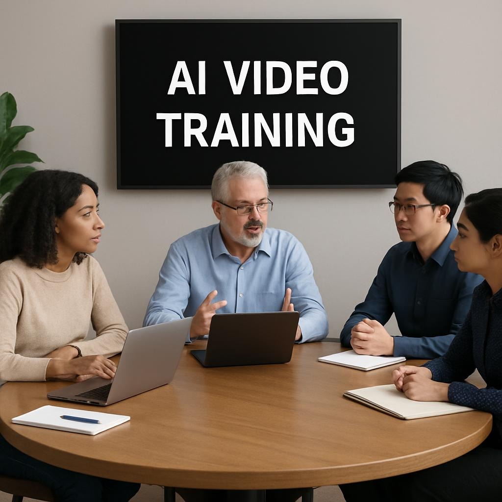 A group of four individuals engaged in a video training session about AI, with a large screen displaying the text 'AI VIDEO TRAINING' in the background.